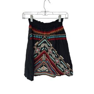 Johnny‎ Was Skirt Embroidered Aztec Festival Pull On Stretch Linen Relaxed XS